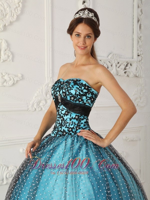 Black and Blue Appliques Boning Strapless Quinceanera Dress