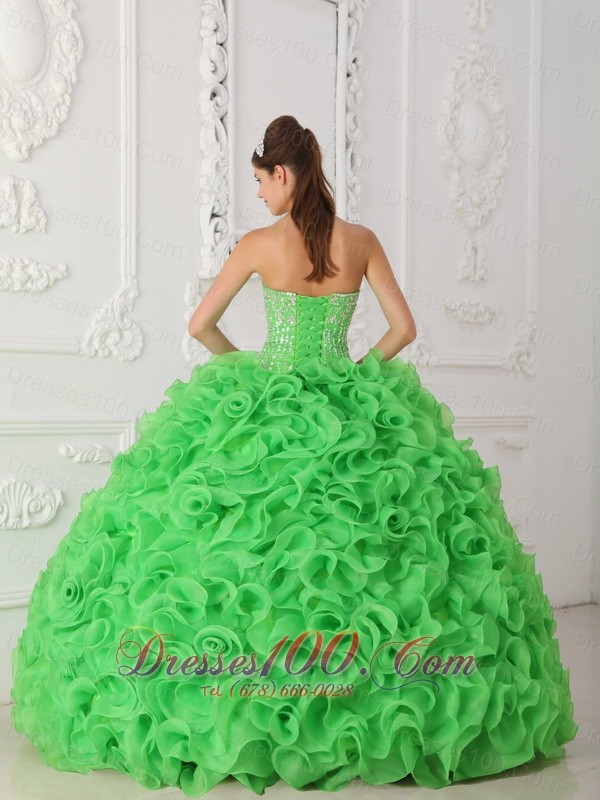 Rolling Flower Beading Strapless Ball Gown Green Quinceanera