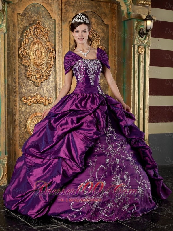 Purple Quinceanera Embroidery Pick-ups Ball Gown Dress