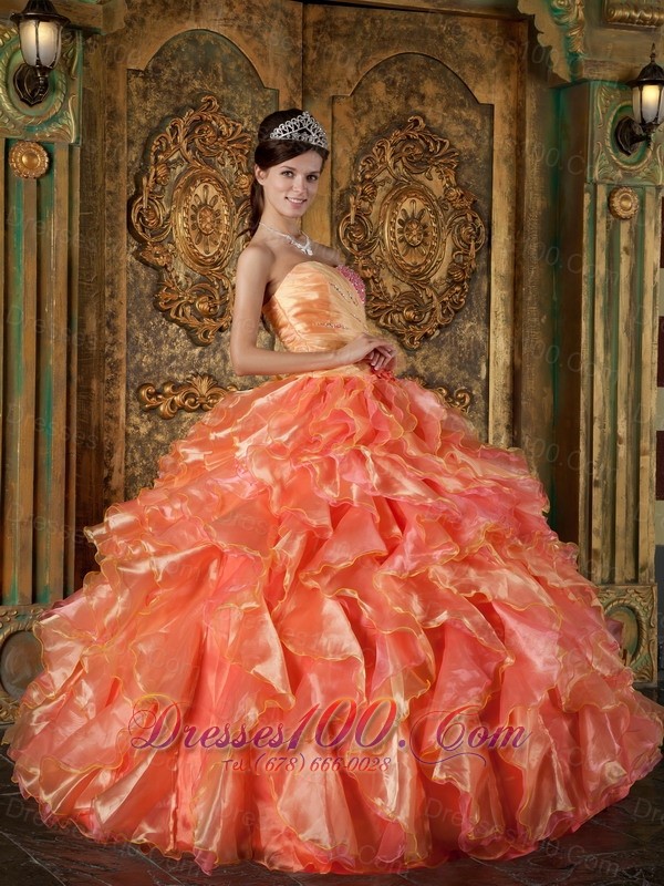 Orange and Strapless Sweetheart Ball Gown Ruched Quinceanera