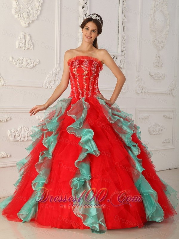 2013Strapless Embroidery Ball Gown Red and Green for Quinceanera