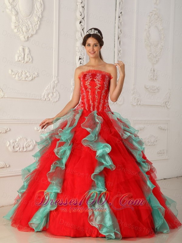 2013Strapless Embroidery Ball Gown Red and Green for Quinceanera