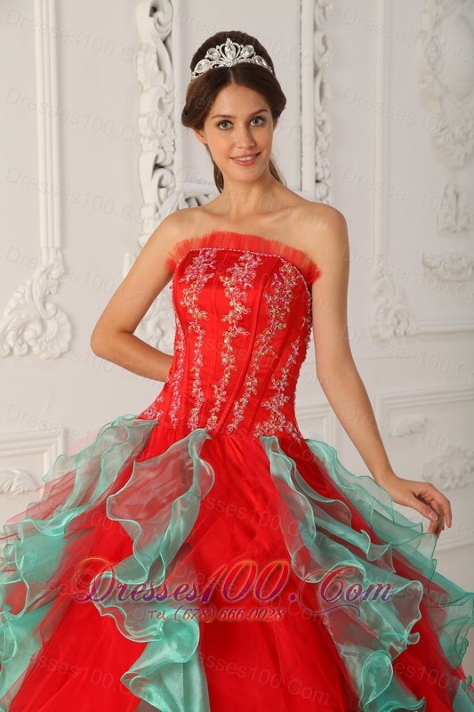 2013Strapless Embroidery Ball Gown Red and Green for Quinceanera