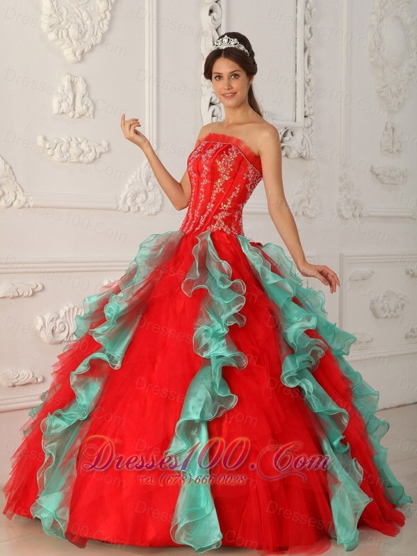 2013Strapless Embroidery Ball Gown Red and Green for Quinceanera