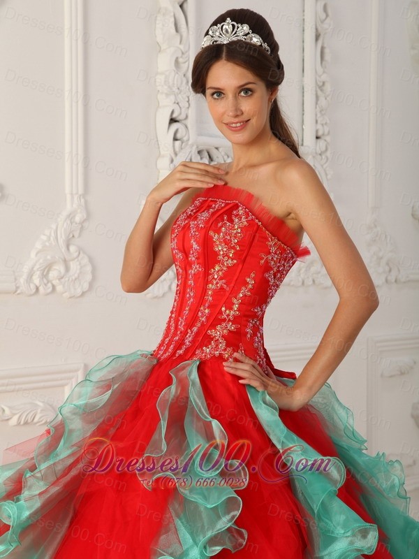 2013Strapless Embroidery Ball Gown Red and Green for Quinceanera