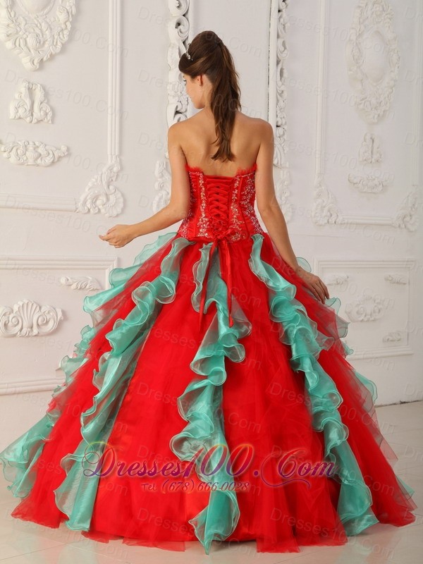 2013Strapless Embroidery Ball Gown Red and Green for Quinceanera