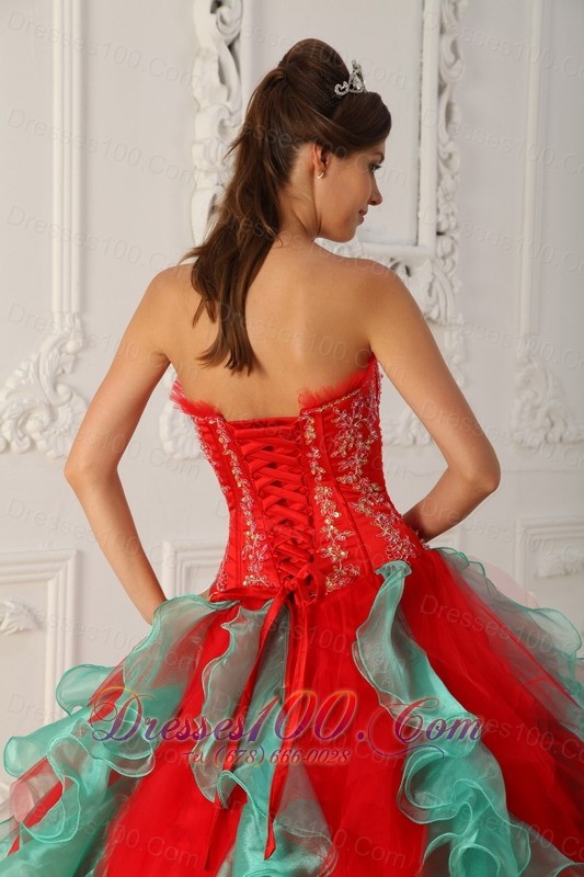 2013Strapless Embroidery Ball Gown Red and Green for Quinceanera