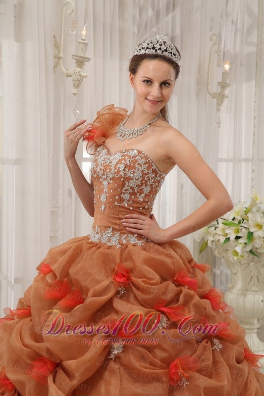 Rust Red Quinceanera Dress One Shoulder Handmade Flower Pick-ups