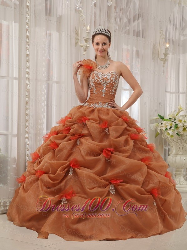 Rust Red Quinceanera Dress One Shoulder Handmade Flower Pick-ups