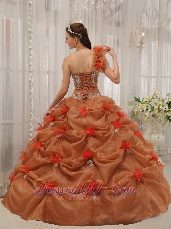Rust Red Quinceanera Dress One Shoulder Handmade Flower Pick-ups