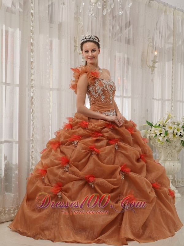Rust Red Quinceanera Dress One Shoulder Handmade Flower Pick-ups