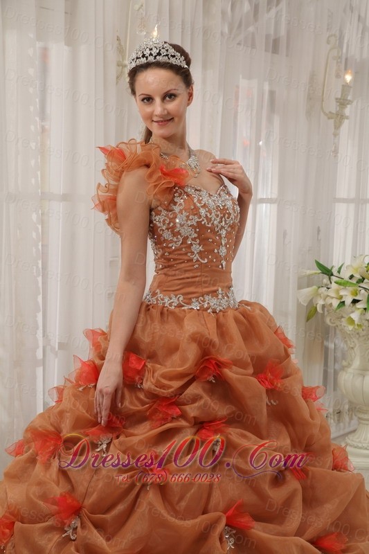 Rust Red Quinceanera Dress One Shoulder Handmade Flower Pick-ups