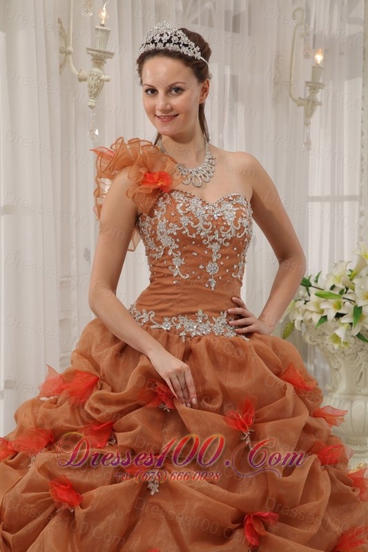 Rust Red Quinceanera Dress One Shoulder Handmade Flower Pick-ups