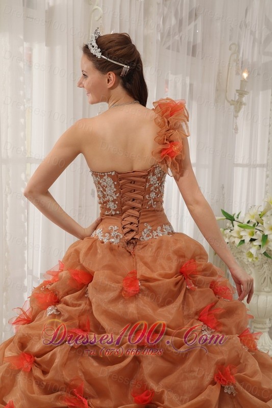 Rust Red Quinceanera Dress One Shoulder Handmade Flower Pick-ups
