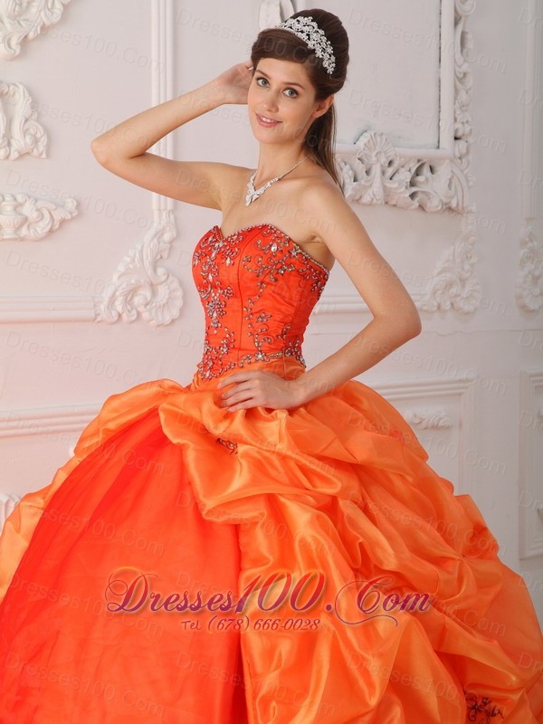 Orange Red Quinceanera Dress Beading Brush Train Sweetheart