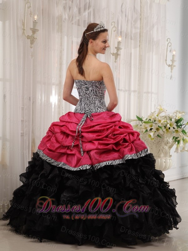 Strapless Zebra Red and Black Ball Gown for Sweet 15 Dress