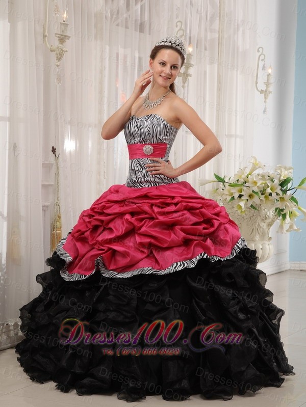 Strapless Zebra Red and Black Ball Gown for Sweet 15 Dress
