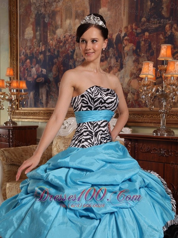 Aqua Blue and Black Quinceanera Dress Zebra Print Sash
