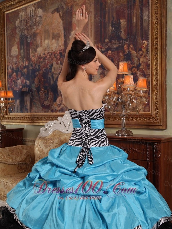Aqua Blue and Black Quinceanera Dress Zebra Print Sash