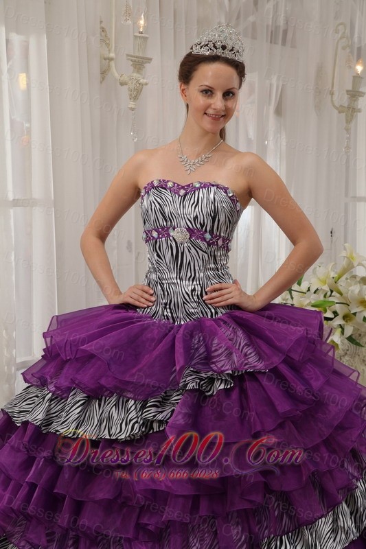 Eggplant Purple Quinceanera Dress Zebra Print Fabric