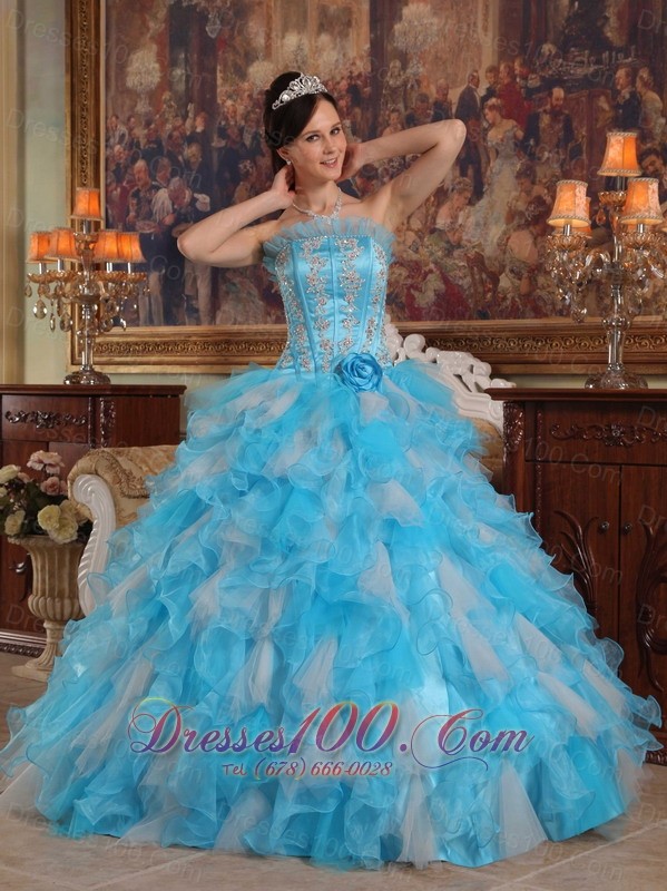 Aqua Quinceanera Gown Strapless Ruffles Hand Made Flower