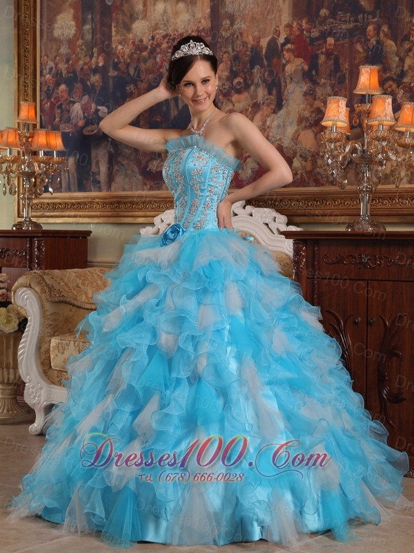 Aqua Quinceanera Gown Strapless Ruffles Hand Made Flower