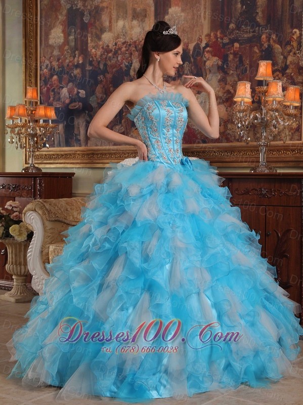 Aqua Quinceanera Gown Strapless Ruffles Hand Made Flower