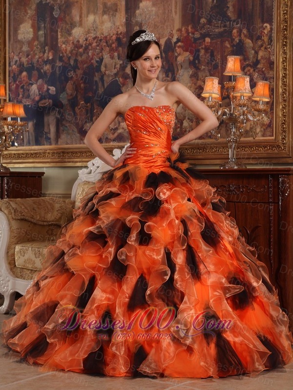 Sweetheart Orange and Black Quinceanera Dress Multi-tiered