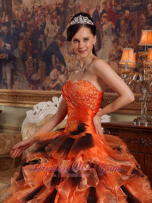 Sweetheart Orange and Black Quinceanera Dress Multi-tiered