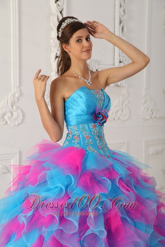 Sweetheart Aqua and Red Quinceanera Dress Hand Made Flower