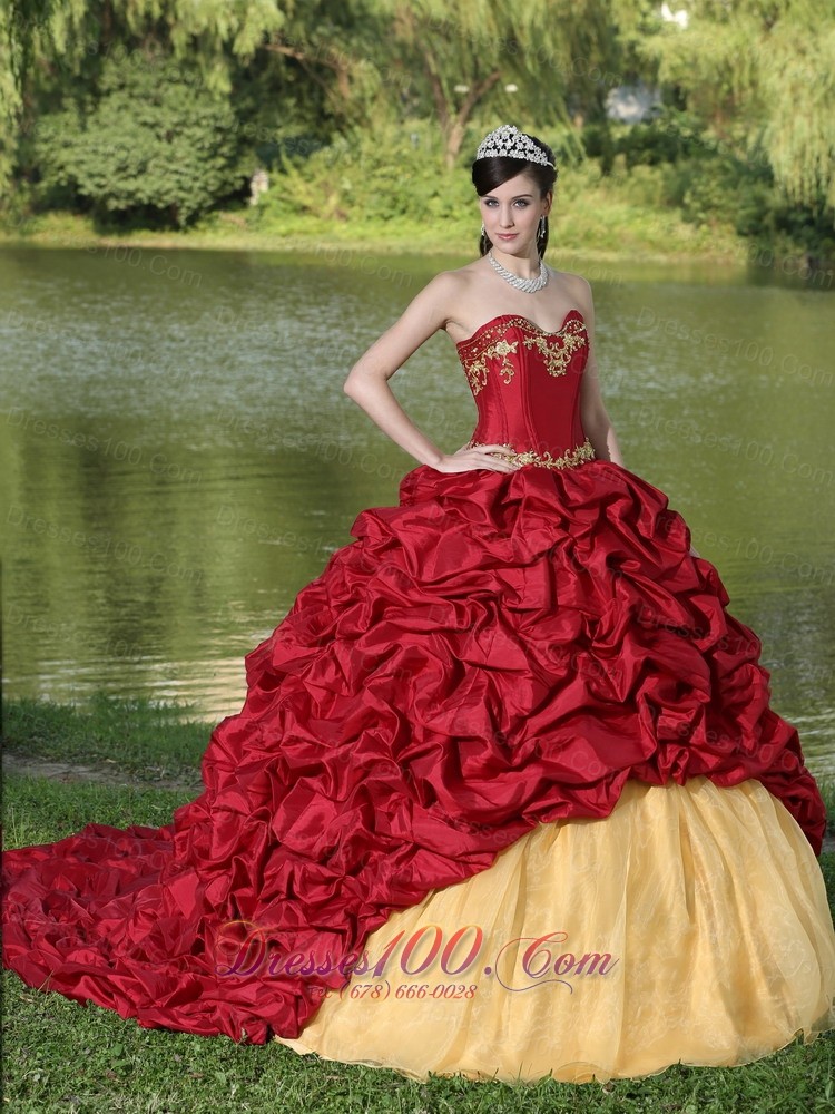 wine red and gold quinceanera dresses