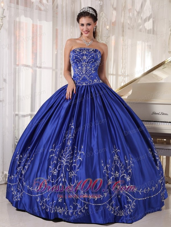 Embroidery Blue Ball Gown Quinceanera Dress Strapless