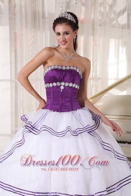 Strapless White and Purple Quinceanera Dress Gown
