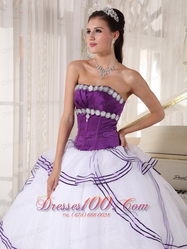 Strapless White and Purple Quinceanera Dress Gown