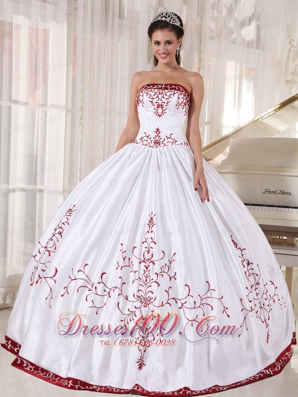 Wine Red and White Embroidery Ball Gown Quinceanera Dress