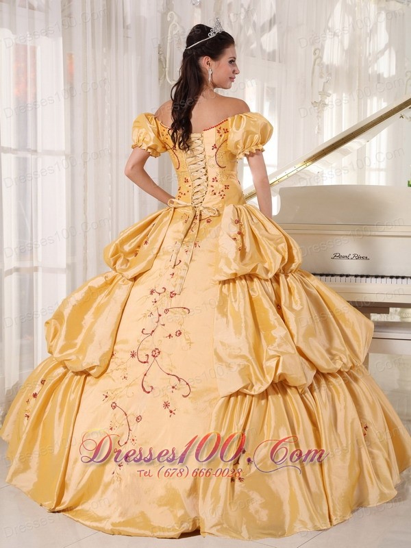 Off the Shoulder Gold Quinceanera Dress Embroidery Layer