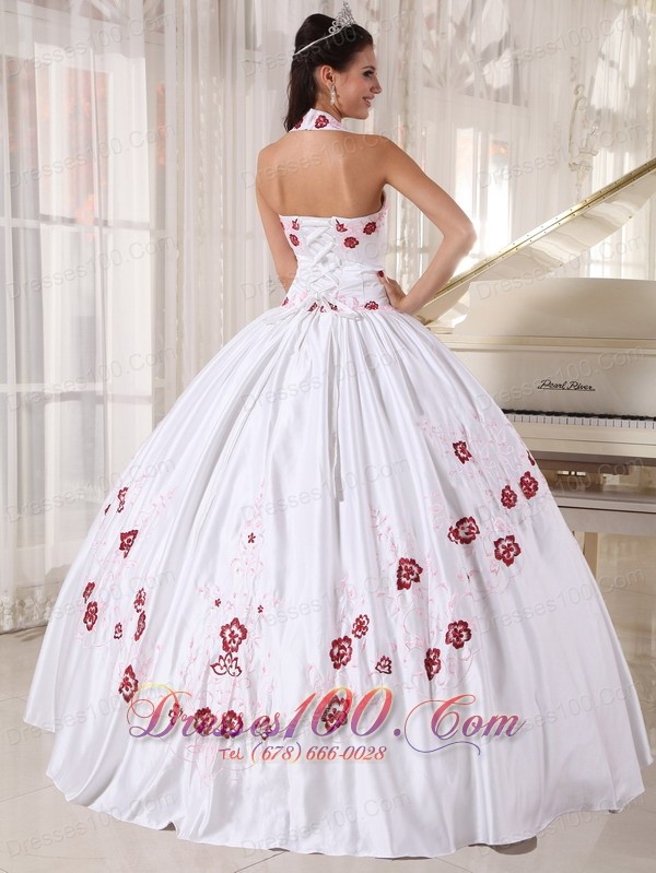 Halter Flower White Sweet 15 Dress Floor Length