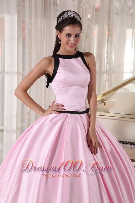 Baby Pink and Black Bateau Ball Gown for Quinceanera