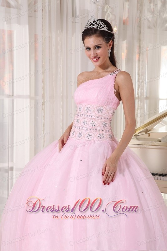 One Shoulder Pink Sweet 15 Dress Beading Ball Gown