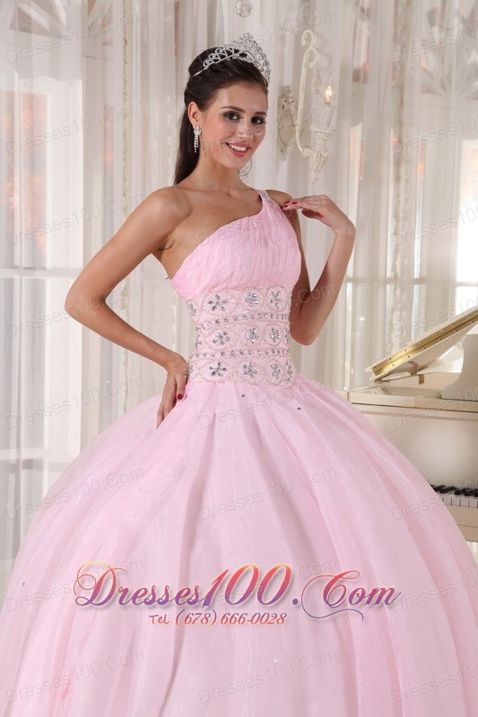 One Shoulder Pink Sweet 15 Dress Beading Ball Gown