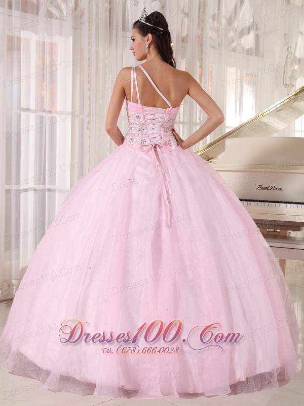 One Shoulder Pink Sweet 15 Dress Beading Ball Gown
