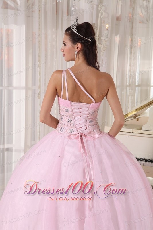 One Shoulder Pink Sweet 15 Dress Beading Ball Gown