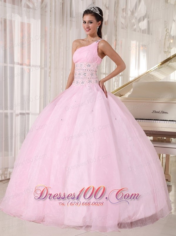 One Shoulder Pink Sweet 15 Dress Beading Ball Gown