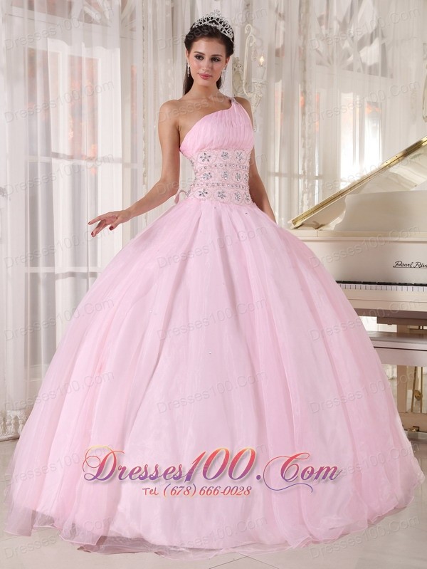 One Shoulder Pink Sweet 15 Dress Beading Ball Gown