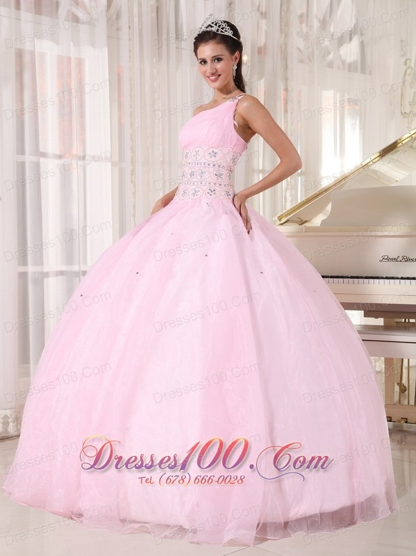 One Shoulder Pink Sweet 15 Dress Beading Ball Gown