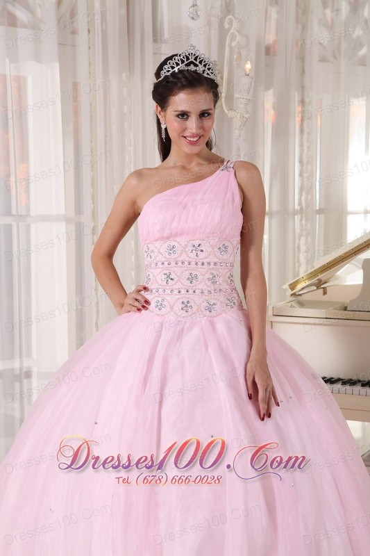 One Shoulder Pink Sweet 15 Dress Beading Ball Gown