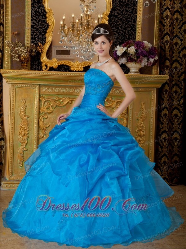 Strapless Ball Gown Pick-ups Quinceanera Dress Blue