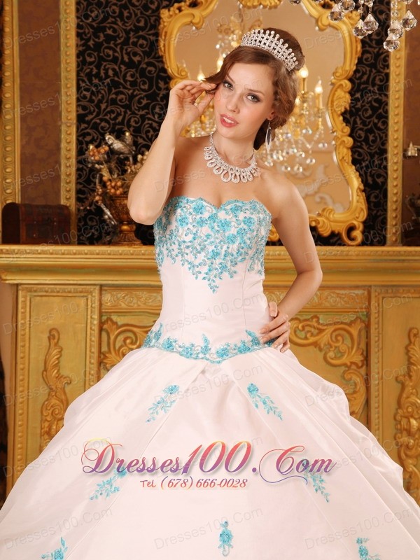 White Sky Blue Strapless Sweet 15 Dress Embroidery