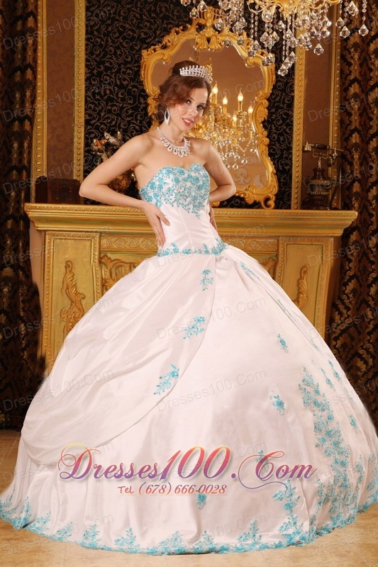 White Sky Blue Strapless Sweet 15 Dress Embroidery