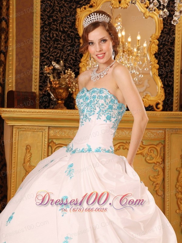 White Sky Blue Strapless Sweet 15 Dress Embroidery